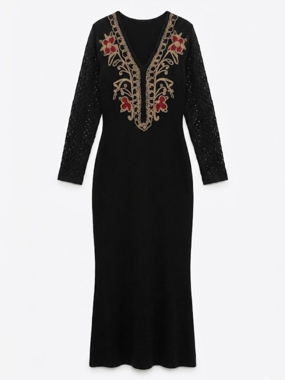 Vtg Carole Little Black Maxi Dress L NWT Gold Embroidered Crochet Whimsigoth